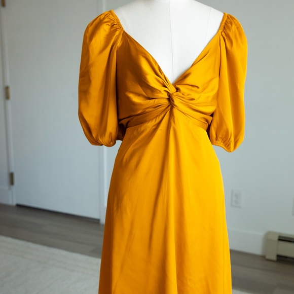 Express Dresses & Skirts - EXPRESS Satin V-Neck Puff Sleeve Twist Front Mini Fit and Flare Dress Golden